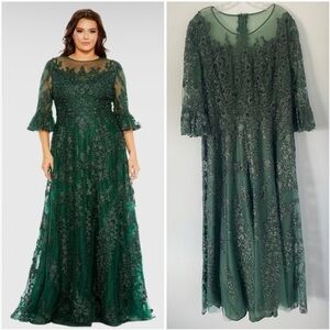 Mac Duggal Green High Neck Flutter Sleeve Embroidered A Line Evening Gown